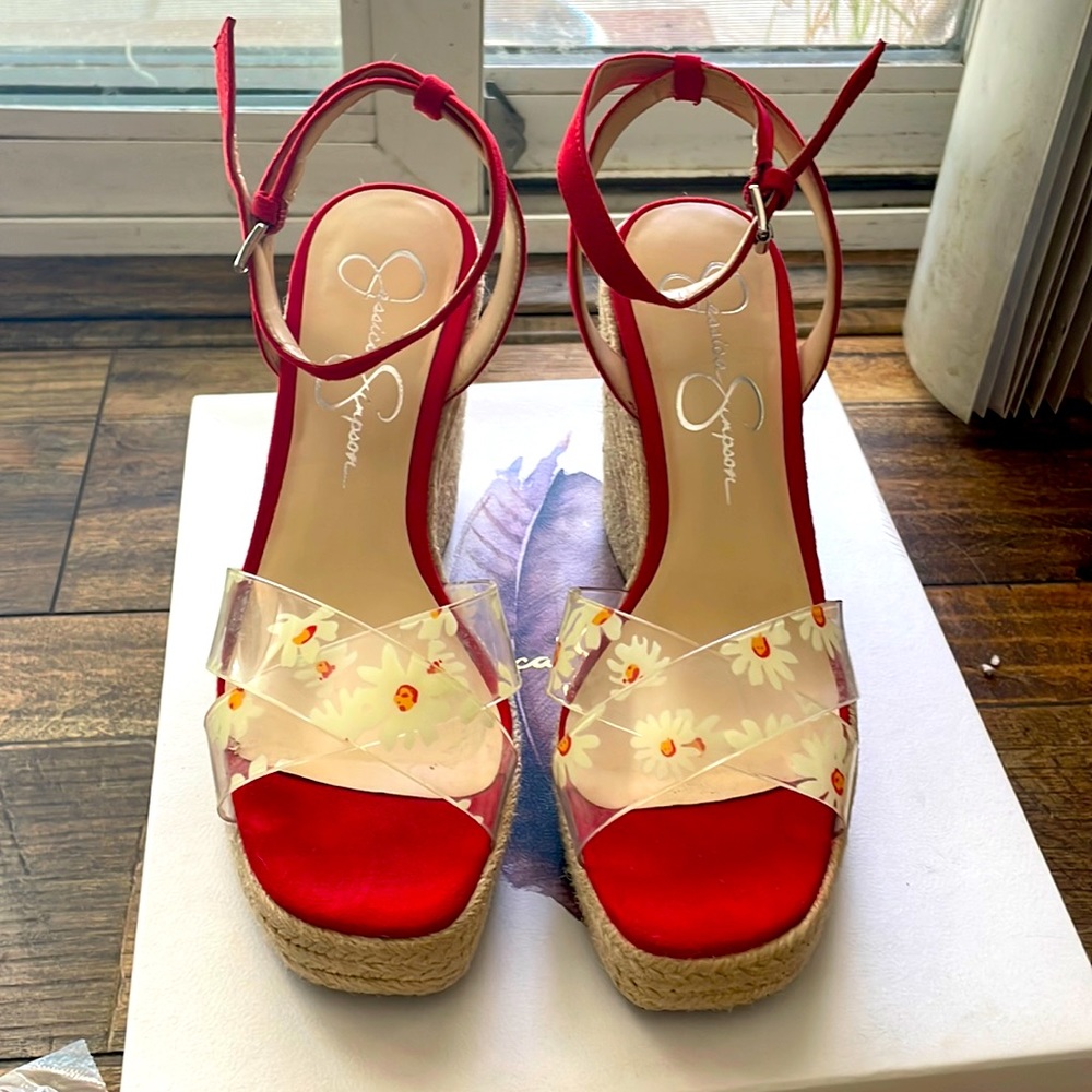 Jessica Simpson clear multicolor wedges with daises